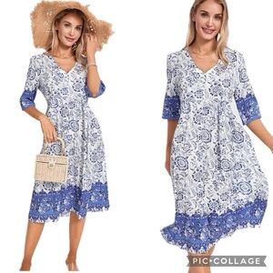 Maldila Boutique Vintage Boho Floral V-Neck Button Placket 3/4 Sleeve Midi Dress
